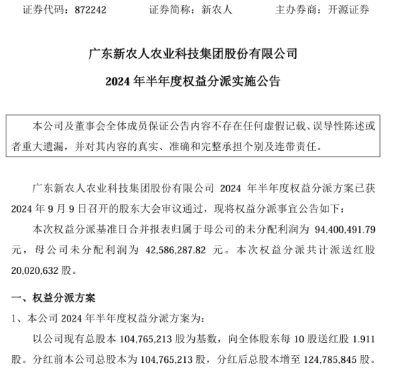 新农人2024年半年度权益分派每10股送红股1.91股 共计派送红股2002.06万股